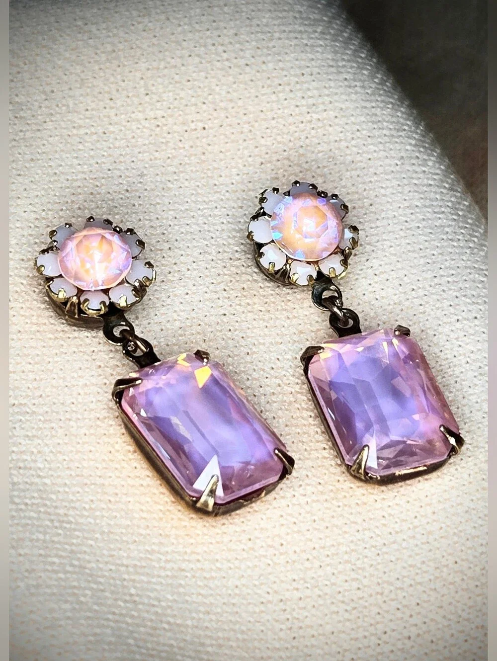 Pink Blossom Crystals W/ Flower In Octagon Antique Bronze Artisan Earrings
